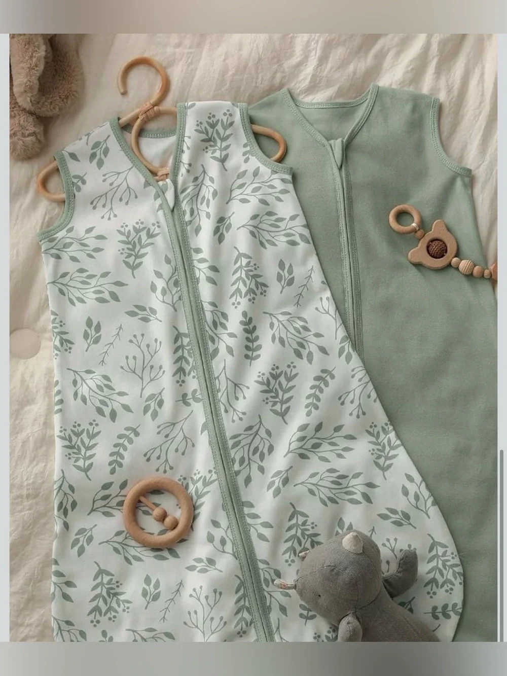 Baby Sleep Sacks - Sage Green + Leaf Print Set 0-6 months
